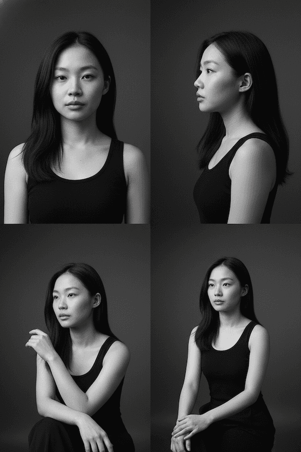 柔らかな影から浮かび上がる思索的な女性の白黒プロポートレート - Stable Diffusion AI生成画像