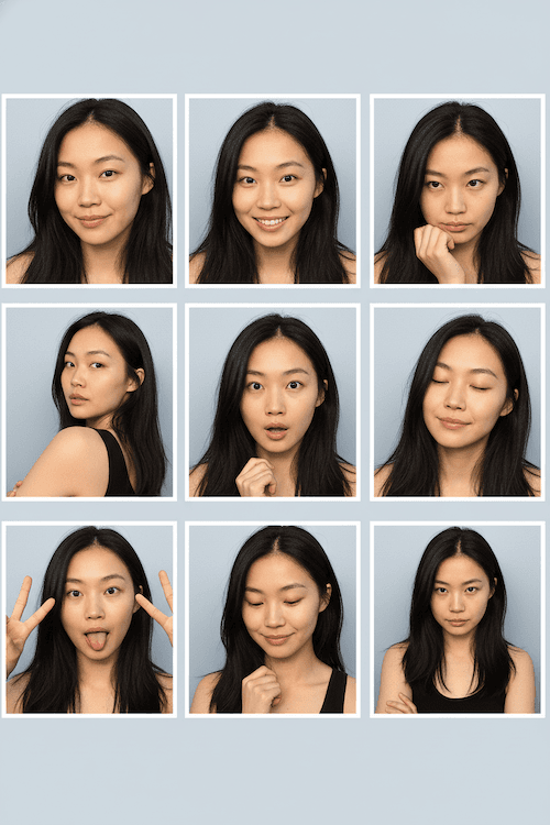 単色背景に9つの異なるポーズを並べたフォトブース風グリッド - Stable Diffusion AI生成画像