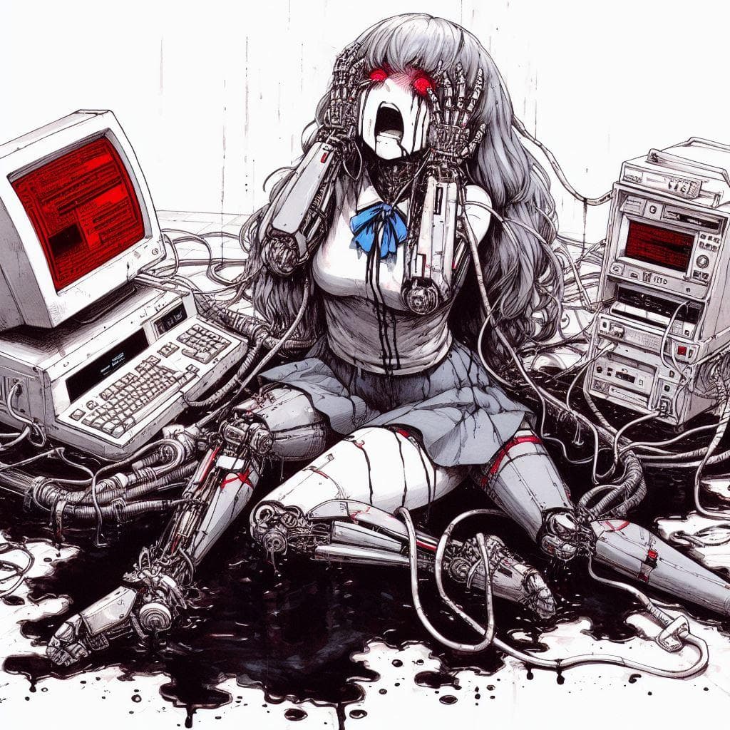 古いコンピュータに接続された70年代アニメ風女性、恐怖の表情 DALL-E 3 AI 生成画像