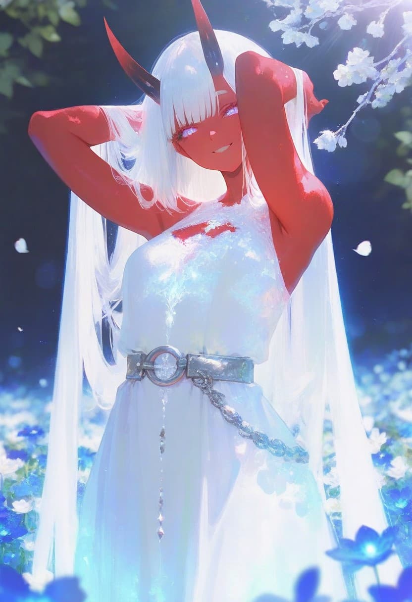 赤い角と和風衣装を纏う鬼コスプレ少女の精密イラスト - Stable Diffusion AI生成画像