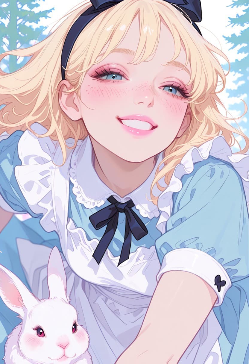 セミリアルなタッチで描かれた不思議の国のアリス風少女 - Stable Diffusion AI生成画像