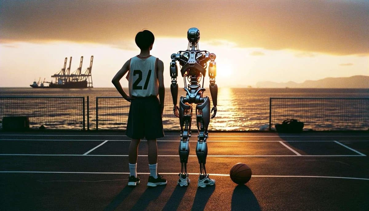 バスケ試合後、男性とサイボーグが夕陽を見つめる静かな瞬間 DALL-E 3 AI 生成画像