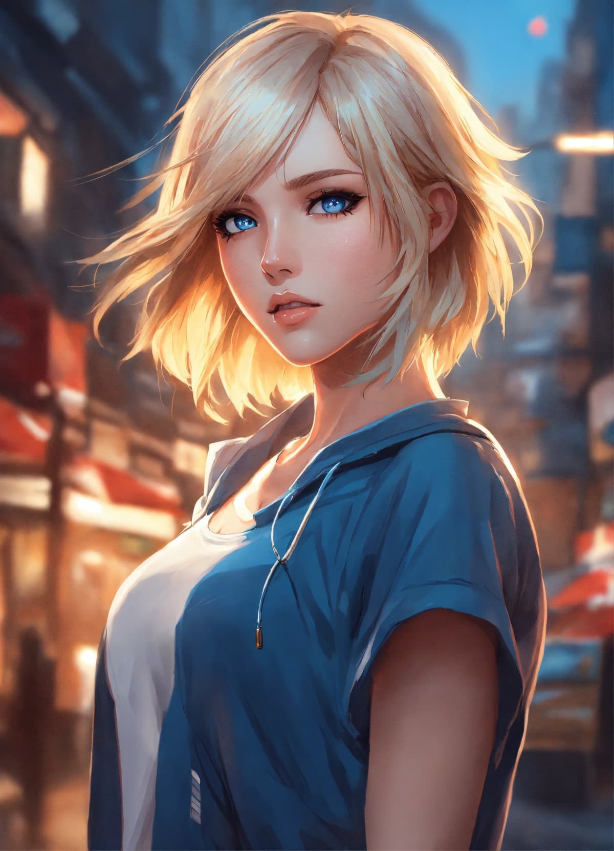 ArtGerm風のアニメ少女、金髪ショートヘア、流動的なシェーディング、Stable Diffusion AI生成画像