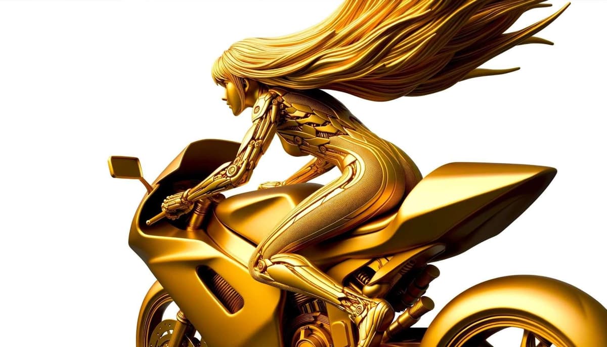 ボディスーツのアニメ女性像がバイクで高速移動、後ろ姿 DALL-E 3 AI 生成画像
