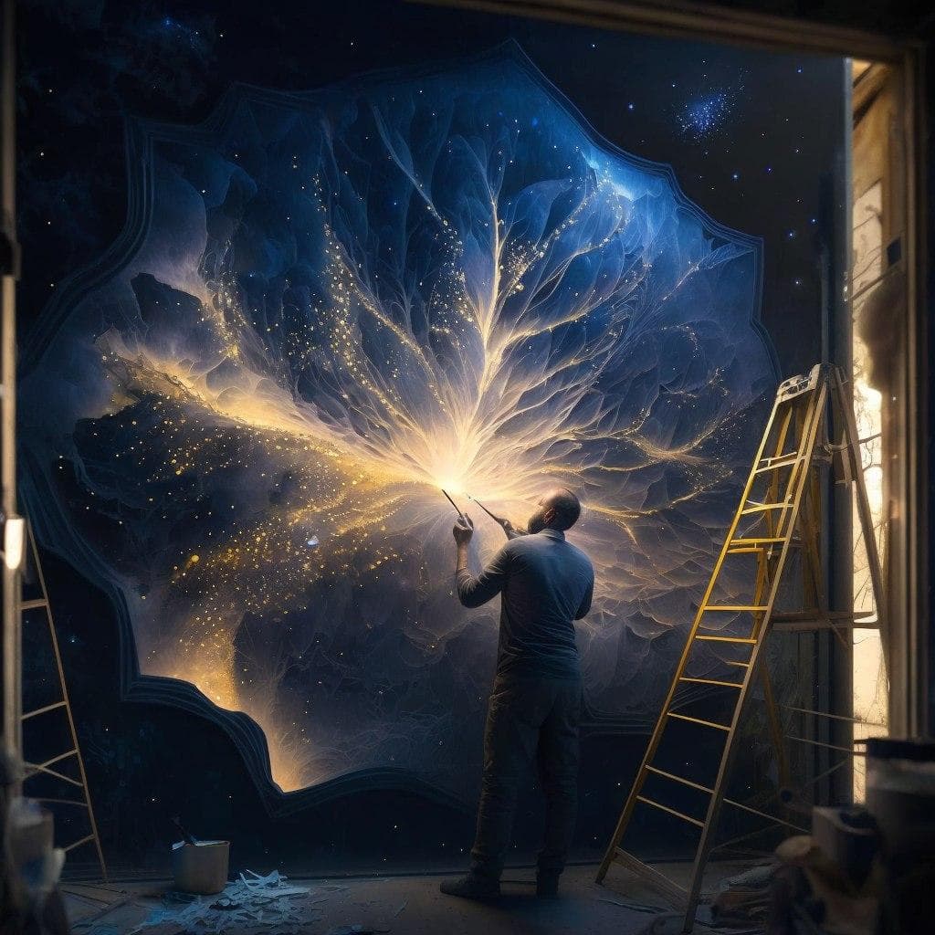宇宙壁画を描く画家、青と金色の光、暗い部屋、Midjourney AI生成画像