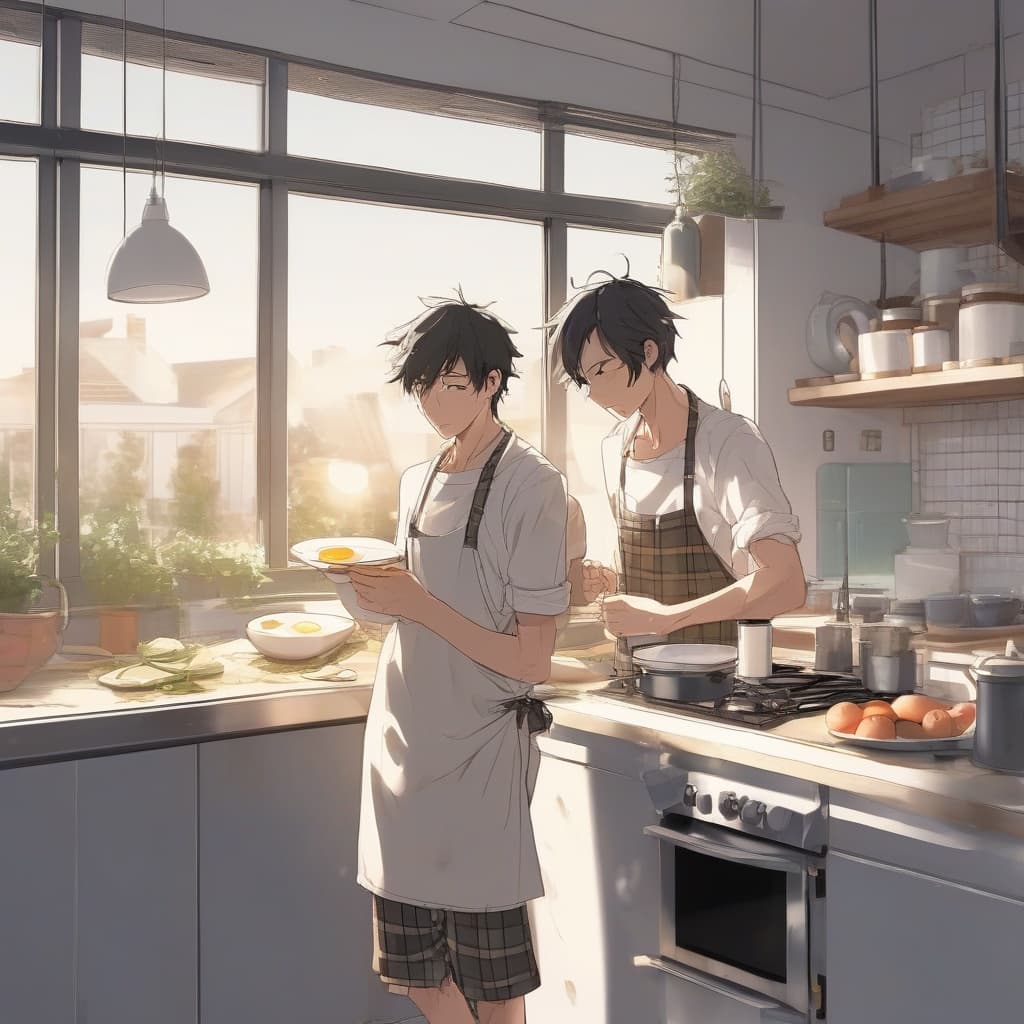 BL 同棲構図 - キッチン朝食シーン - Stable Diffusion AI 生成画像