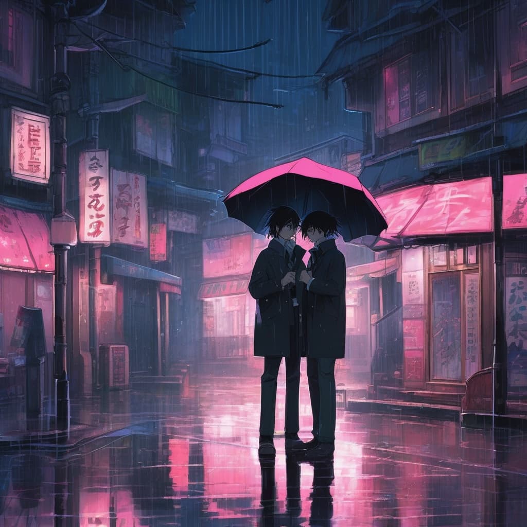 BL 雨の街構図 - 相合傘 - Stable Diffusion AI 生成画像