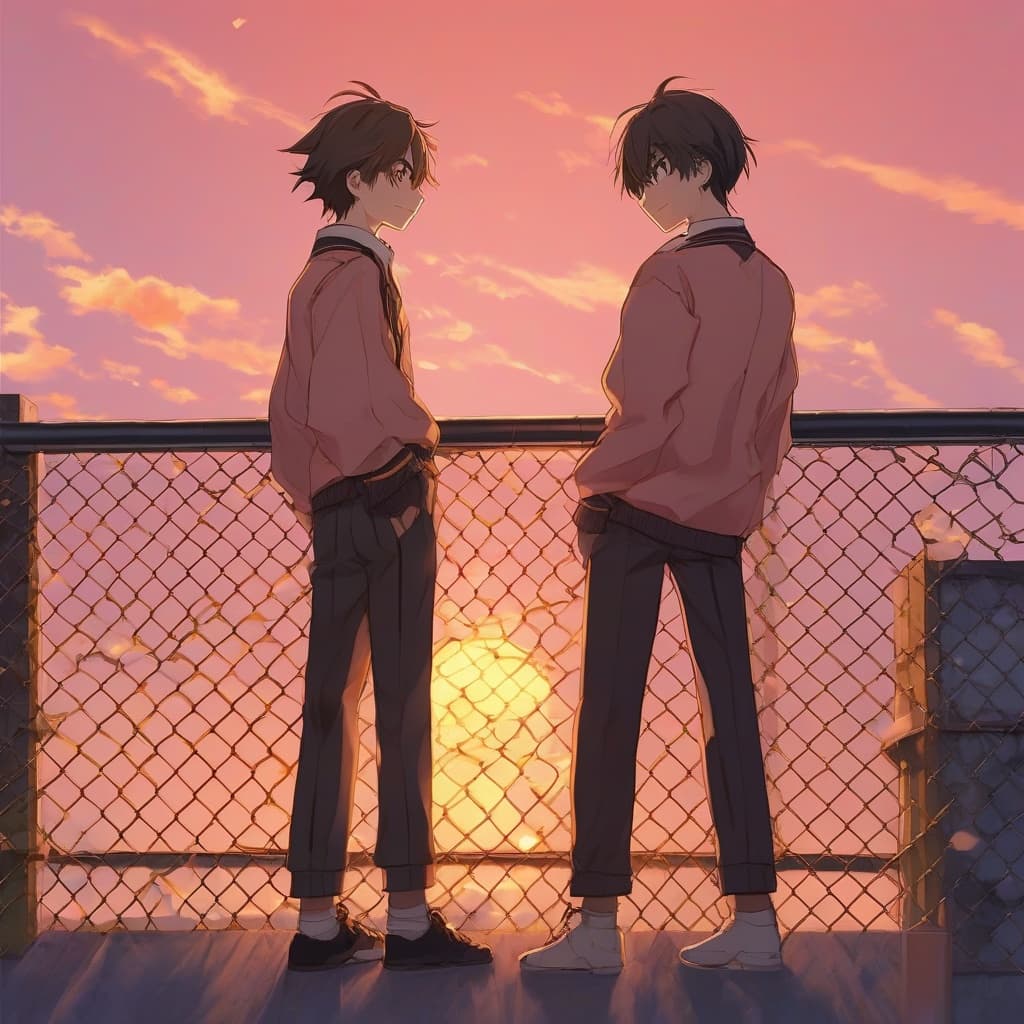 BL 屋上構図 - 学校 夕焼けシーン - Stable Diffusion AI 生成画像