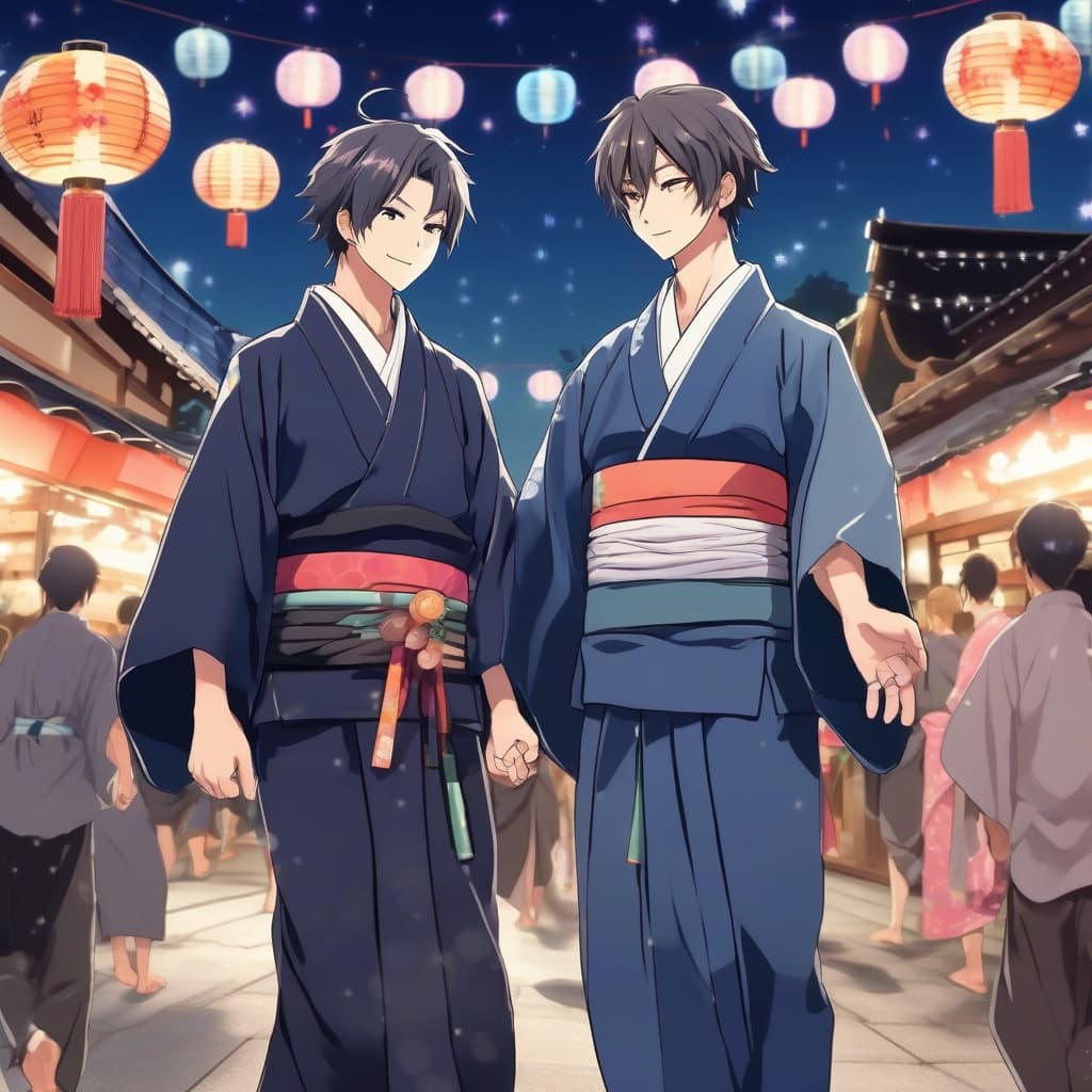 BL 浴衣構図 - 夏祭り花火 - Stable Diffusion AI 生成画像