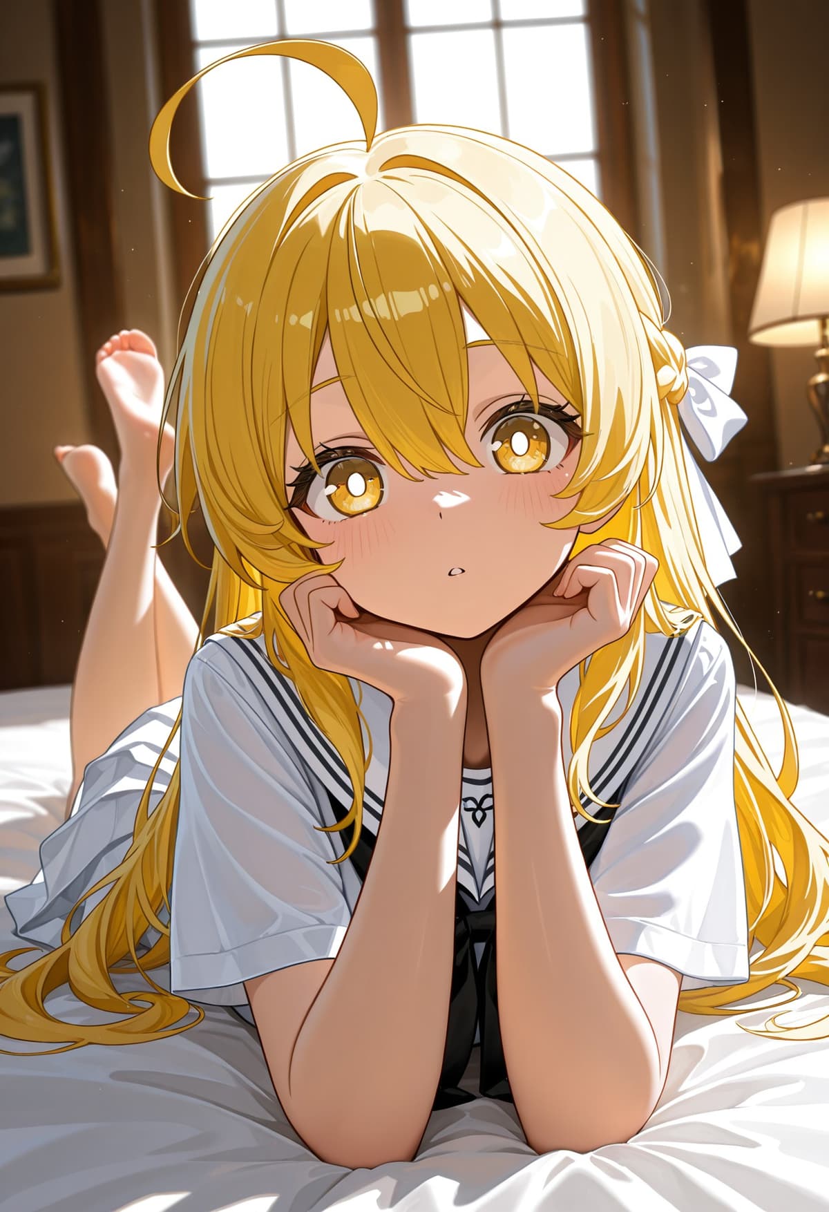 金髪ロングヘアに白セーラー服を着た少女の高精細アニメイラスト - Stable Diffusion AI生成画像