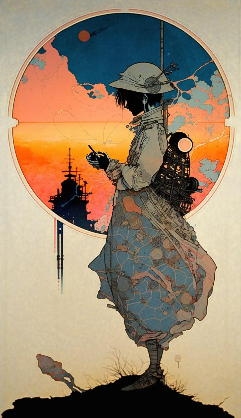 青ドレスで夕焼けを眺める人物のシュルレアリズムMidjourney AI生成画像