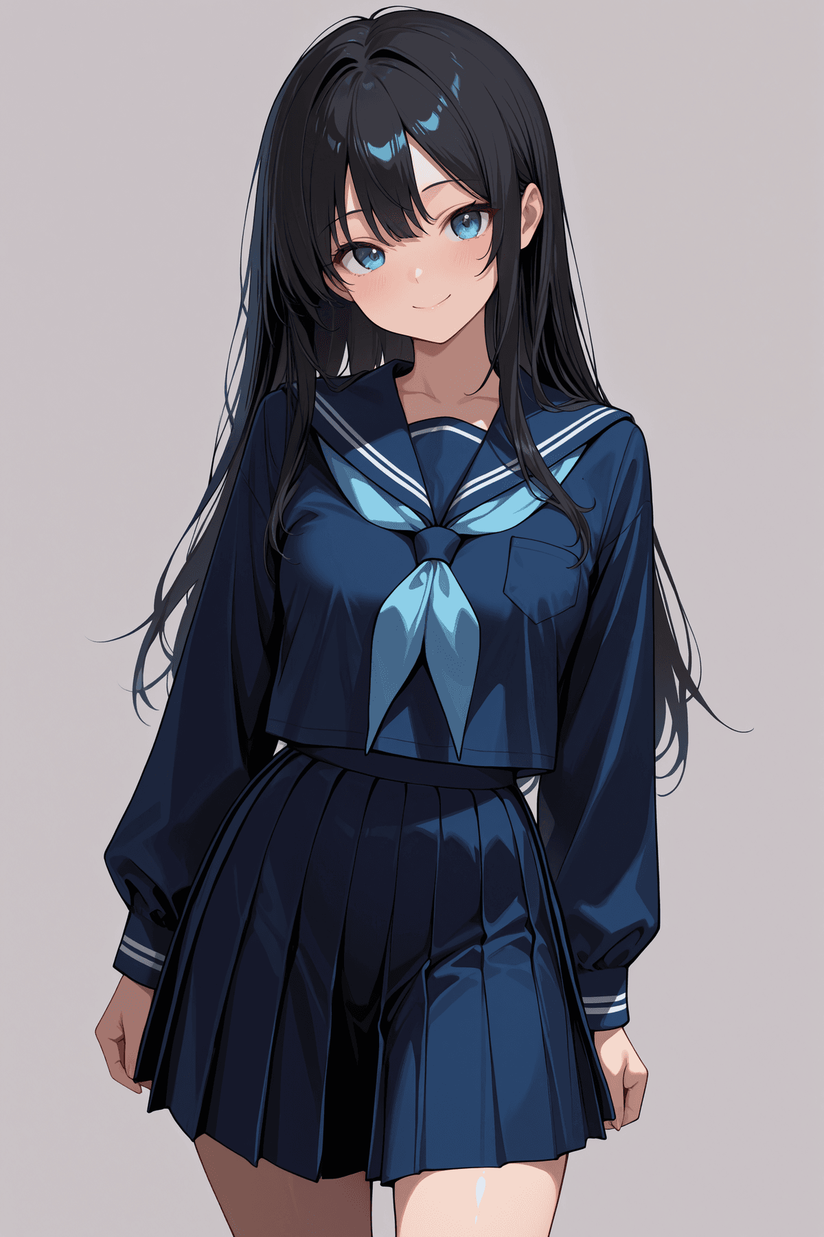 青いセーラー服とプリーツスカートを着た艶髪のアニメ少女 - Stable Diffusion AI生成画像