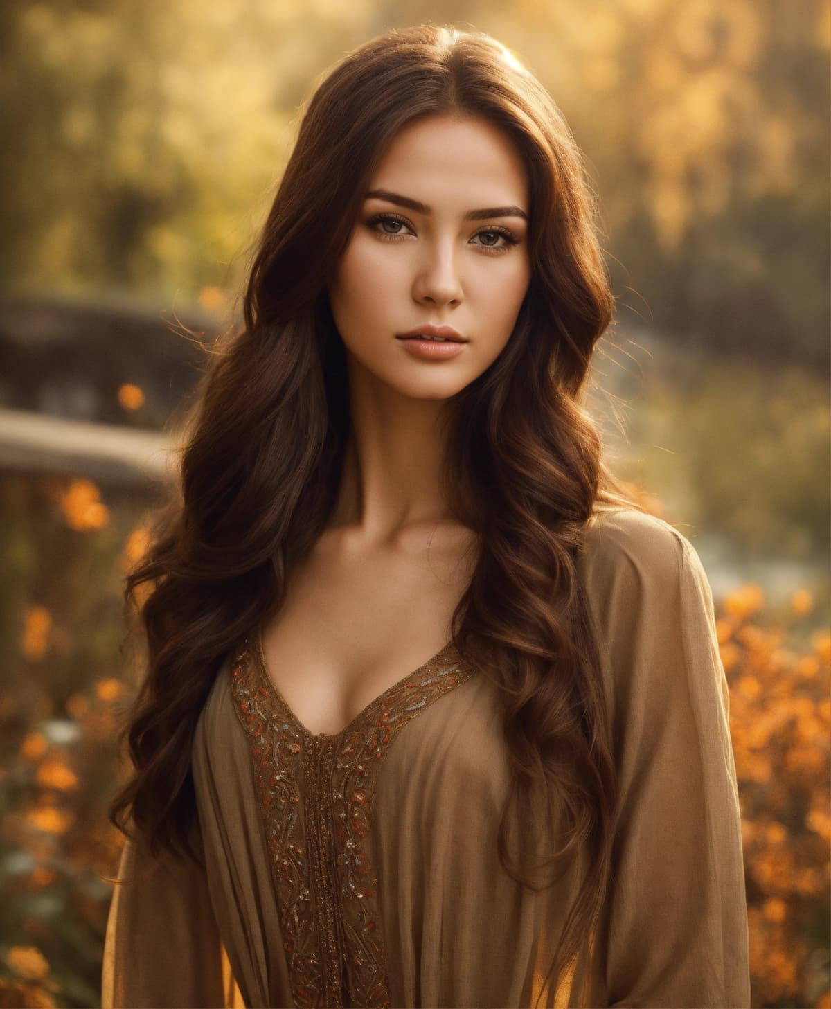 茶色の瞳とロングブラウンヘアを持つスレンダー体型の美しい女性のポートレート。洗練された顔立ちと優雅な表情。Stable Diffusion AI生成画像