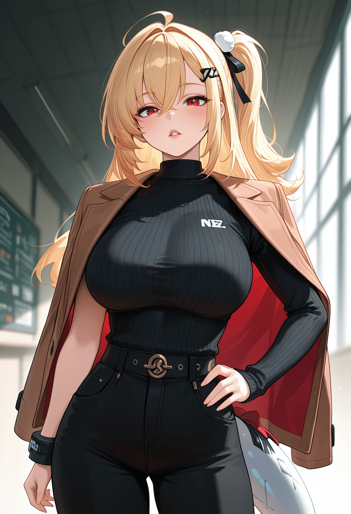 ヘアクリップ付き金髪に茶色ジャケットと黒パンツのアニメ少女 - Stable Diffusion AI生成画像