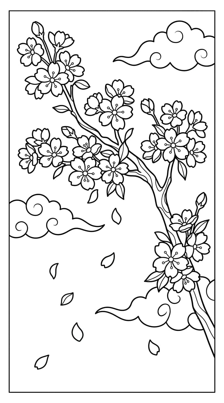 桜の枝と祥雲、舞い散る花びらを描いた和風塗り絵線画。純白背景に黒線のみ、大人の和柄ぬりえ。
