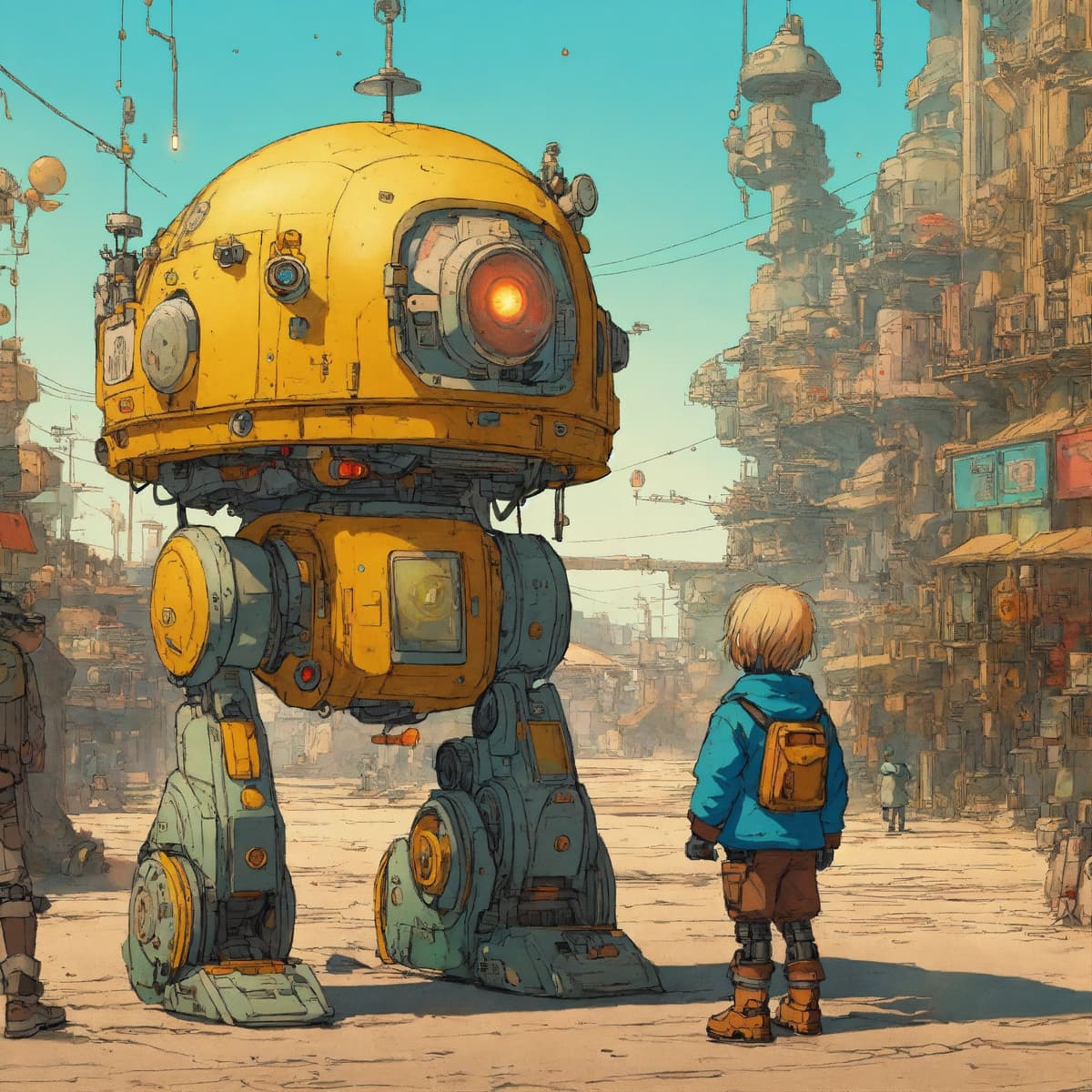 晴れた日、幼い子どもと背の高い巨大ロボットが一緒にいる、体格差が強調されたワイドショット - Stable Diffusion AI生成画像