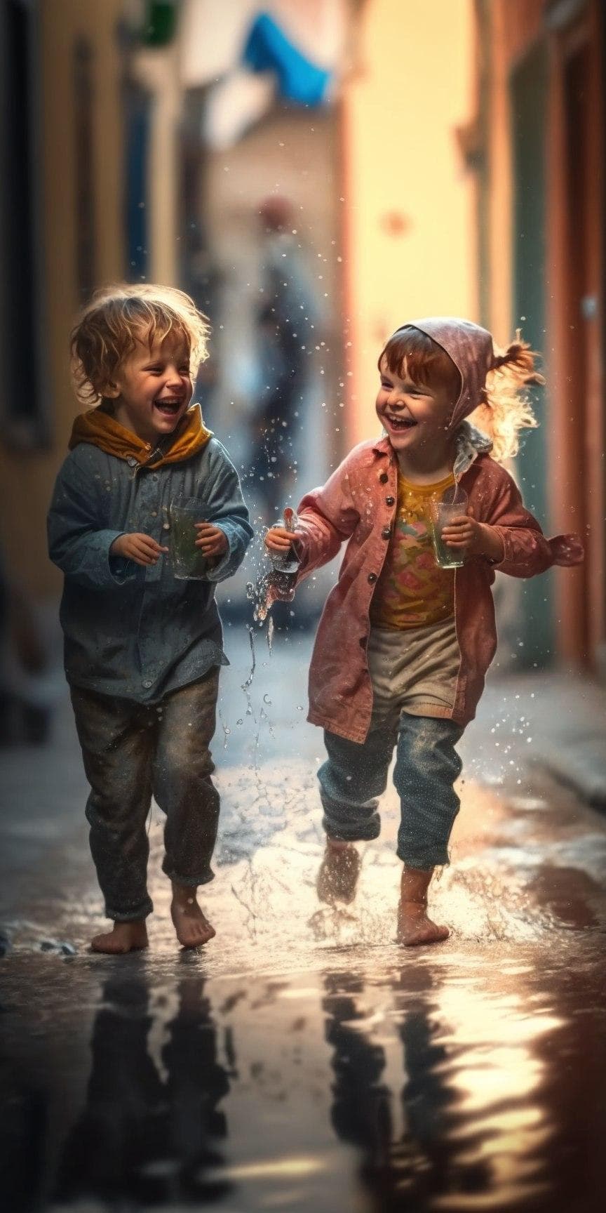 青と桃色の服の子供たち、濡れた道を走って遊ぶ、カラフル背景 - Midjourney AI生成画像
