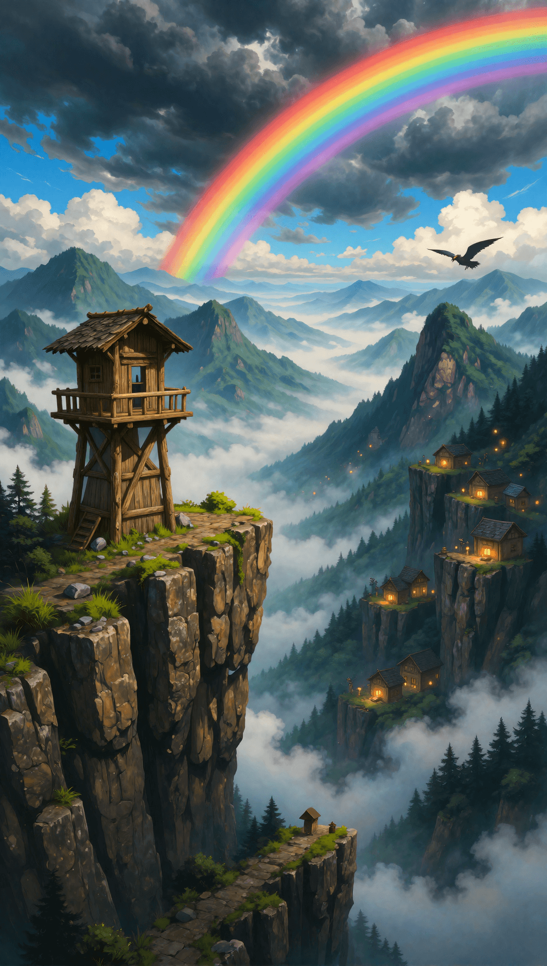 断崖絶壁の見張り塔から眺める層状の山々と二重虹の壮大な風景 - Stable Diffusion AI生成画像