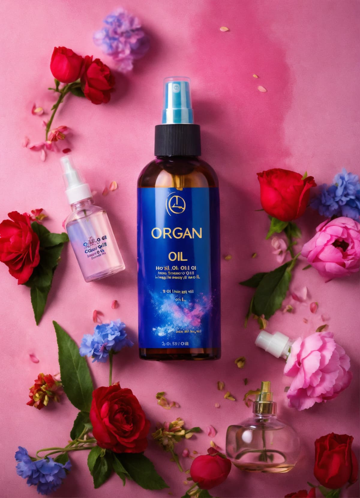 organ oil for hair, spray bottle, colored blue and pink, fo...Stable Diffusion AI生成画像