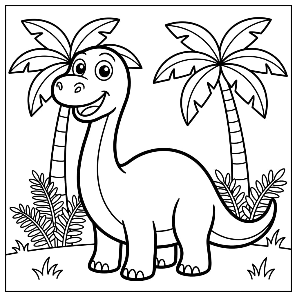 笑顔の恐竜とパームツリーを描いた子供向け塗り絵線画。太い線・純白背景、塗りやすいシンプルな構図。