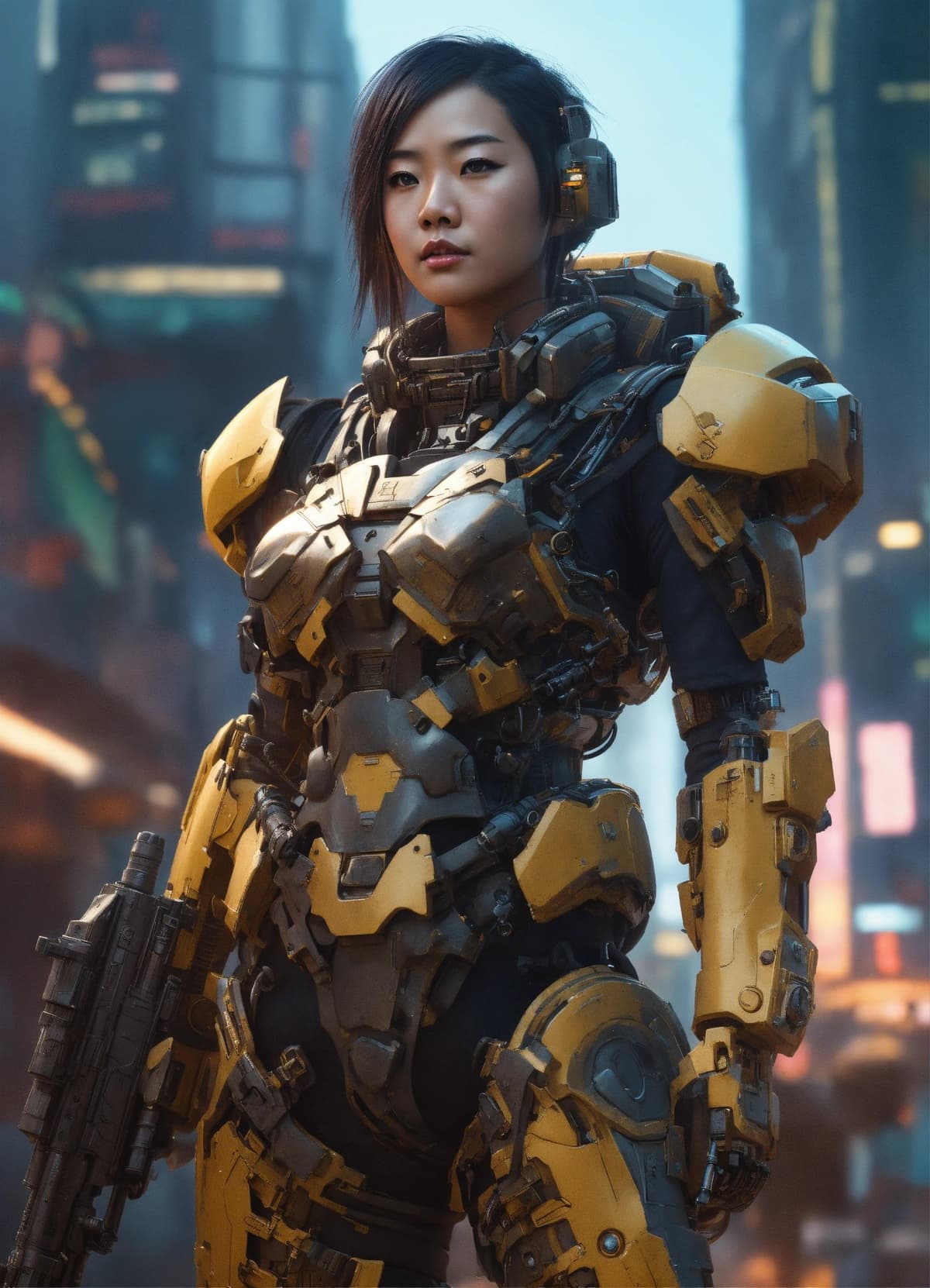アジア系女性のサイバー兵士、重い武器、バルキーな甲冑、SFセッティング、アニメスタイルStable Diffusion AI生成