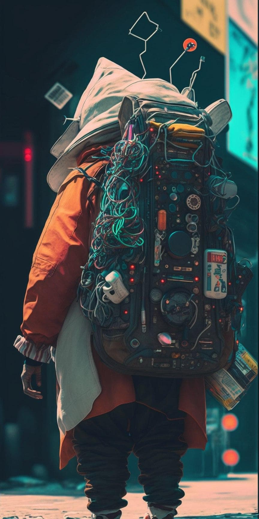 オレンジジャケットでサイバーパンク街を歩く人物のMidjourney AI生成画像