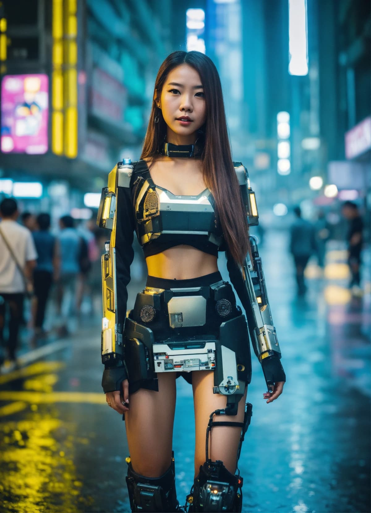 ロボット衣装のサイボーグ美女、未来都市の雨夜、Stable Diffusion AI生成画像