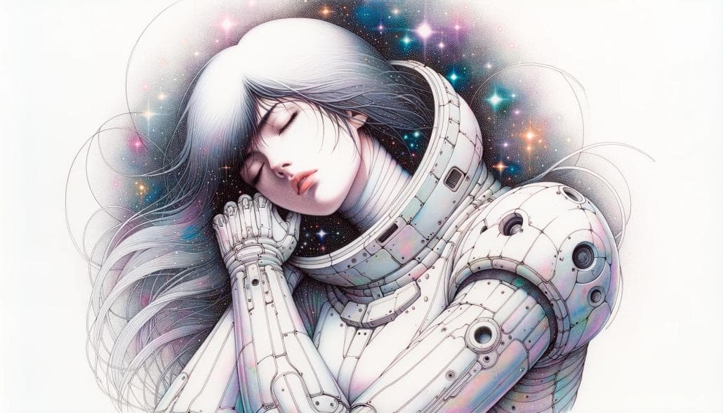 宇宙服の女性戦士を描いた80年代風水彩アニメイラスト - DALL-E AI生成画像