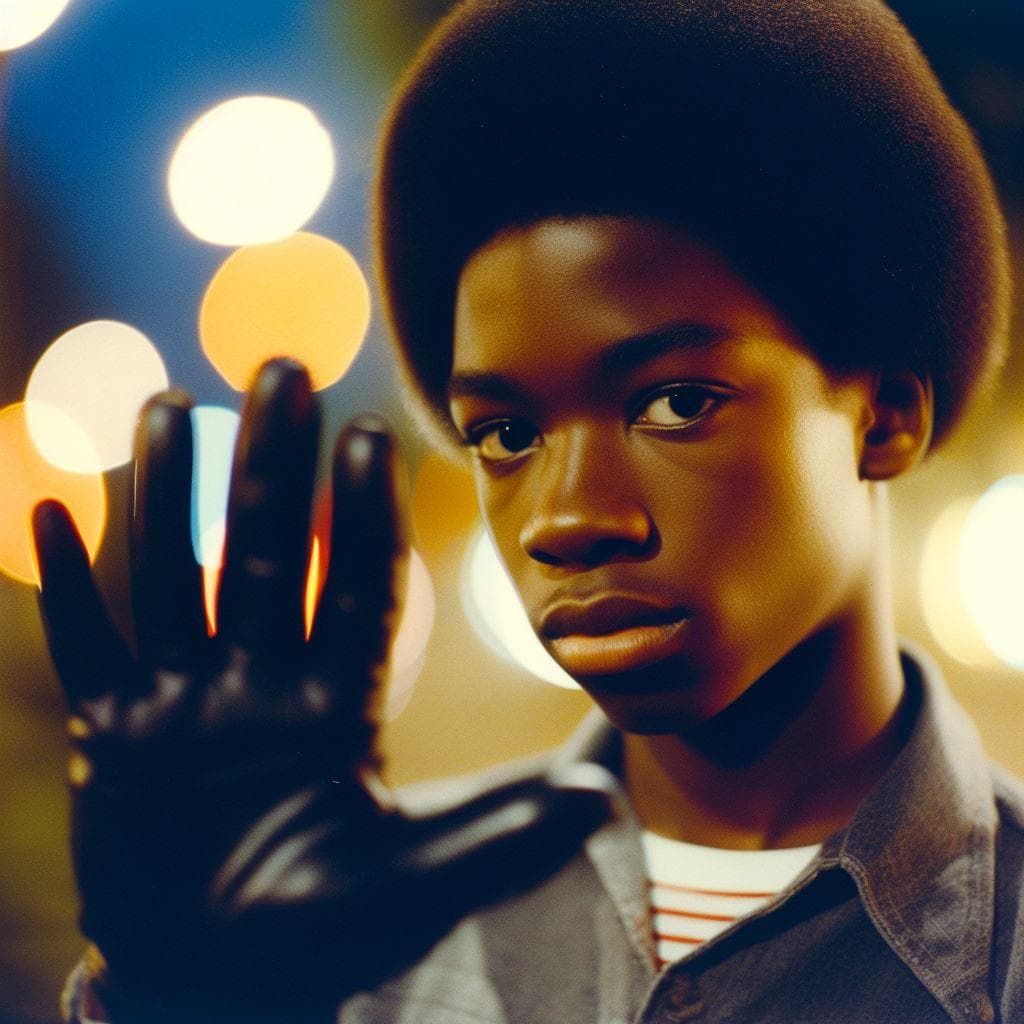 手のひらをカメラに向ける少年の1980年代フィルムフォトグラフィー - DALL-E AI生成画像