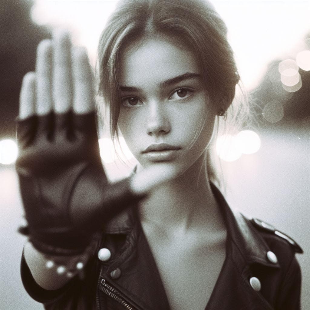 手を掲げる少女の1990年代フィルム風朝光ポートレート - DALL-E AI生成画像