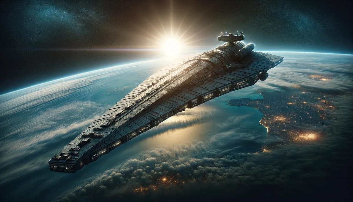 地球を背景に浮かぶ戦艦型宇宙船のマットペインティング - DALL-E AI生成画像