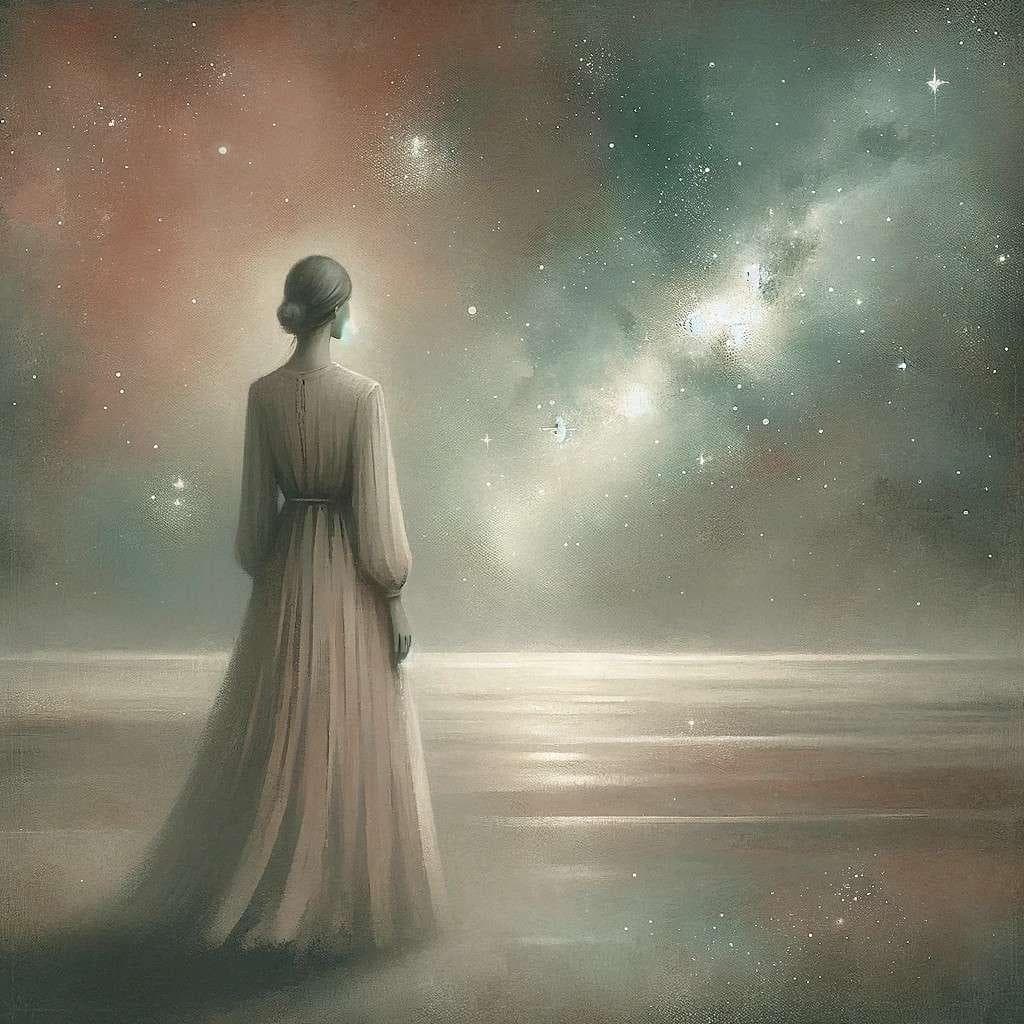 ミュートカラーで描かれた宇宙で瞑想する女性のミニマルアート - DALL-E AI生成画像