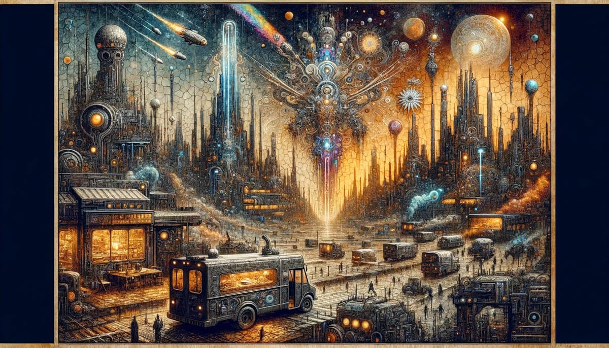 ひび割れガラスにインクが滲む宇宙都市のダークファンタジー画 - DALL-E AI生成画像