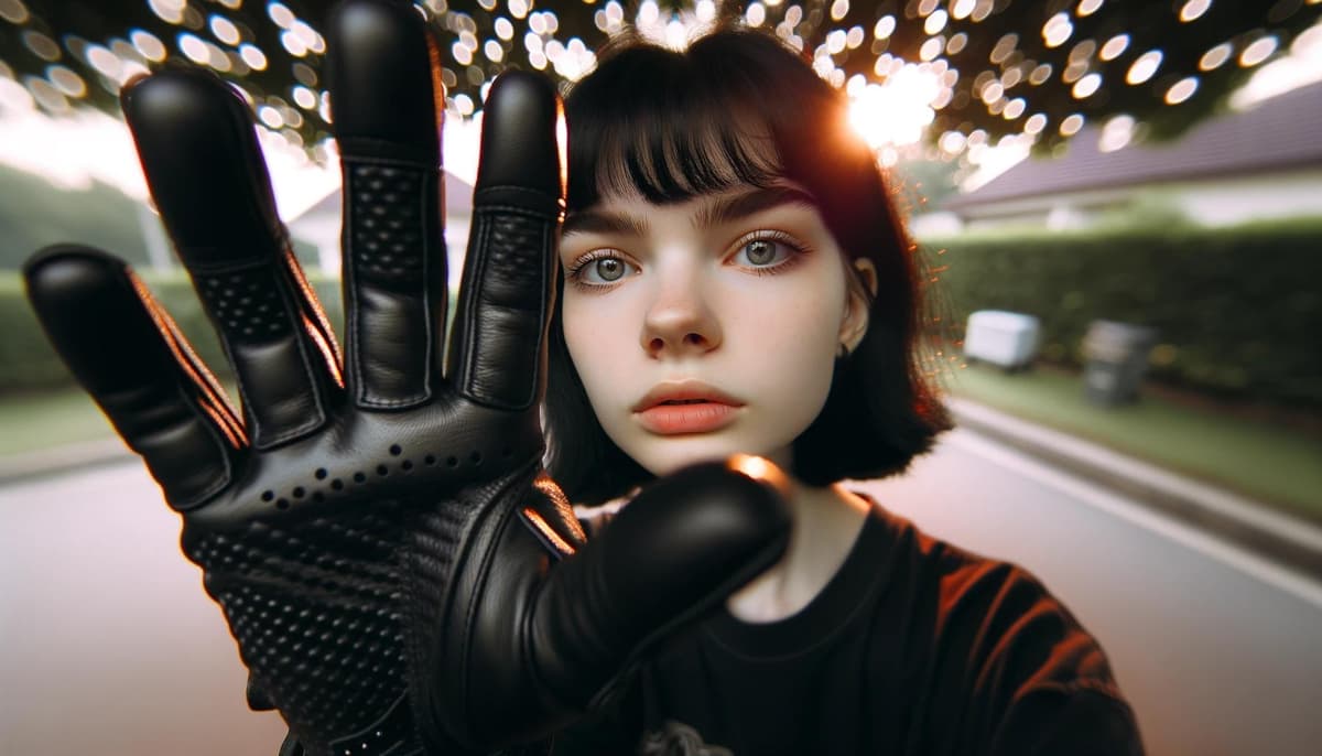 手を掲げるゴス少女の広角クローズアップポートレート - DALL-E AI生成画像