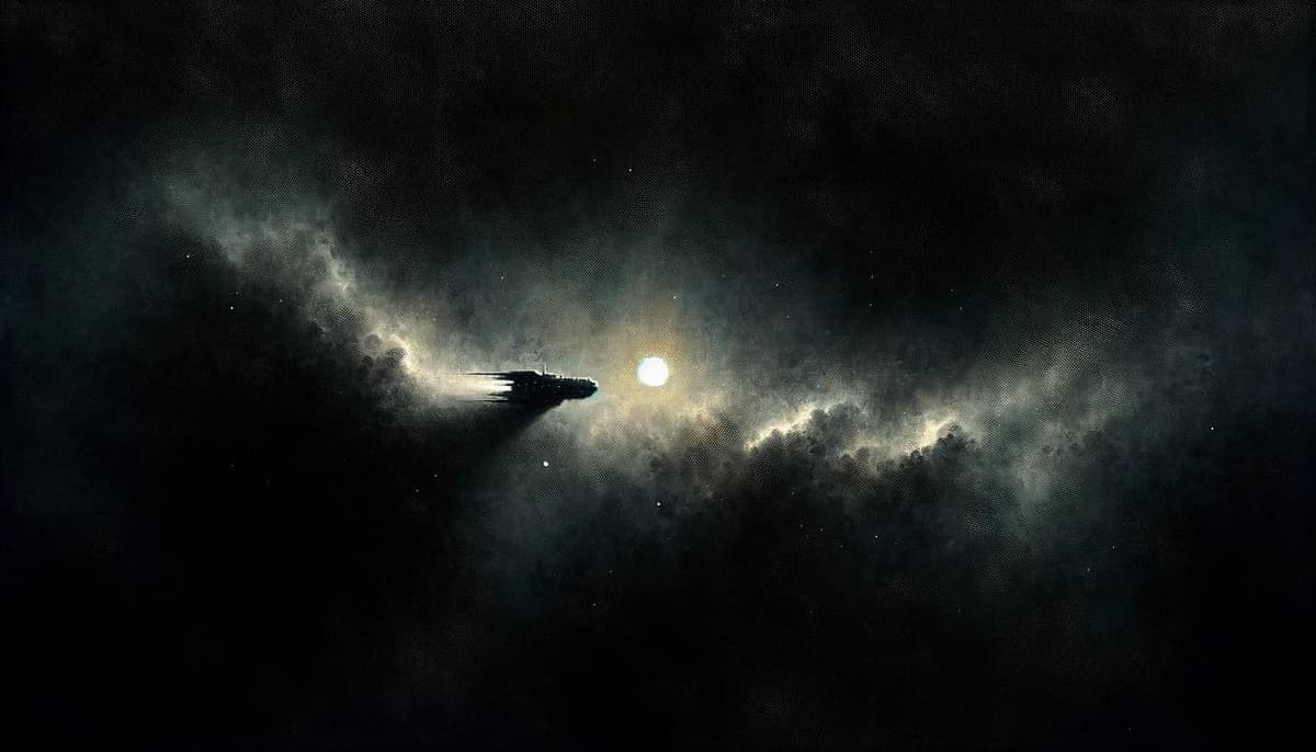 暗黒の宇宙空間に溶け込む宇宙船のミニマルアールヌーヴォー画 - DALL-E AI生成画像
