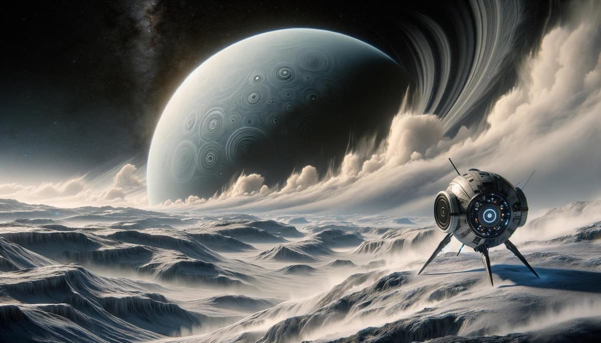 海王星の表面を探査する未来型宇宙船のフォトリアリスティック描写 - DALL-E AI生成画像