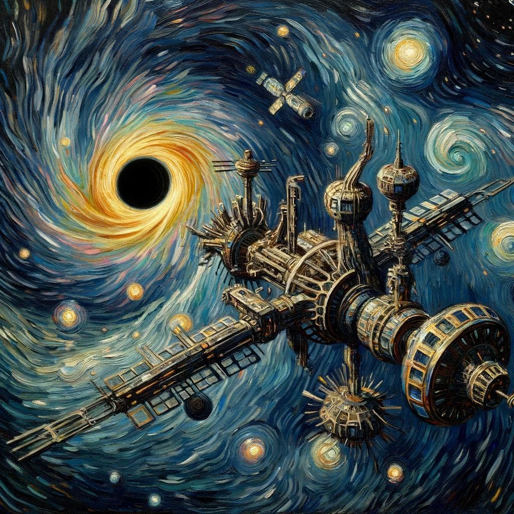ブラックホール近くの宇宙ステーションをゴッホ風渦巻きで描いた油絵 - DALL-E AI生成画像