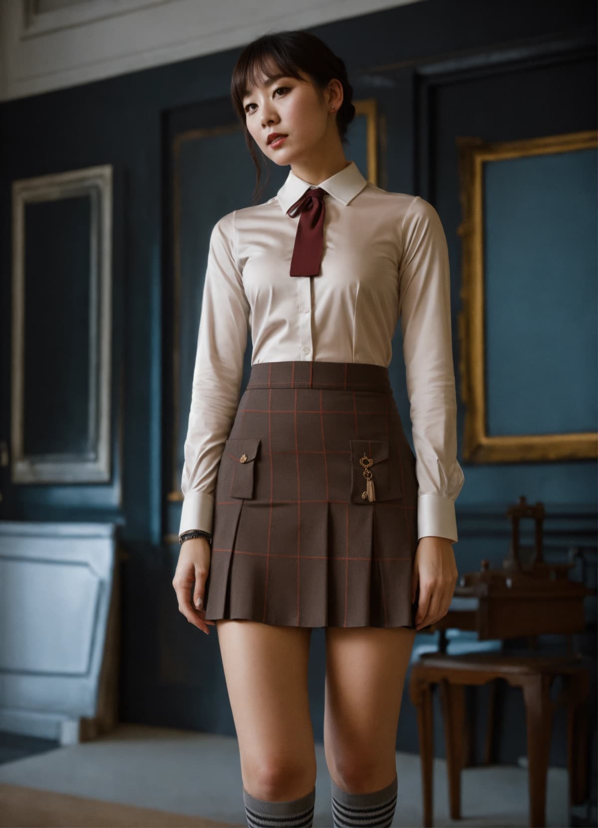 ダークアカデミアスタイルの学校制服を着たイギリス人女性、暗い雰囲気、シネマティックポートレートStable Diffusion AI生成