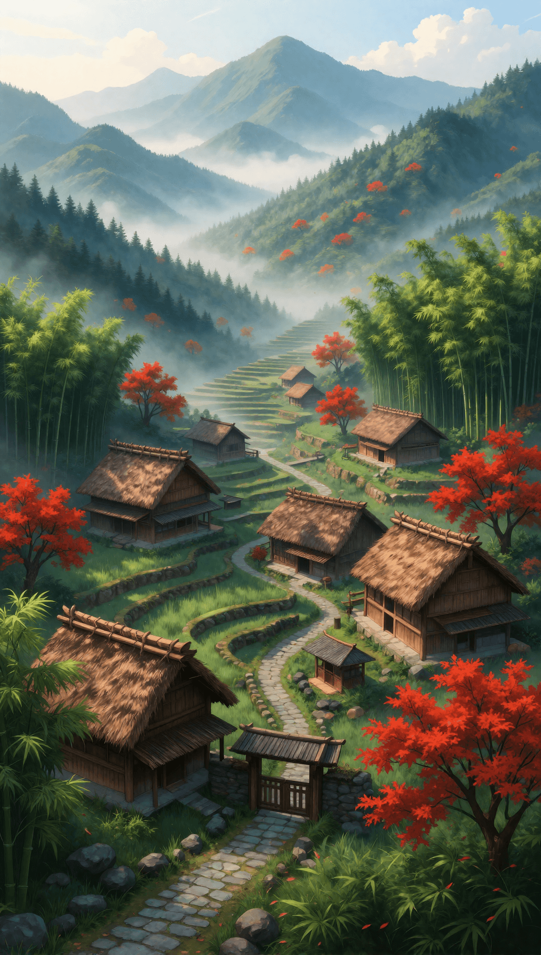 初秋の茅葺き屋根の集落を見下ろす壮大な俯瞰構図の田園風景 - Stable Diffusion AI生成画像