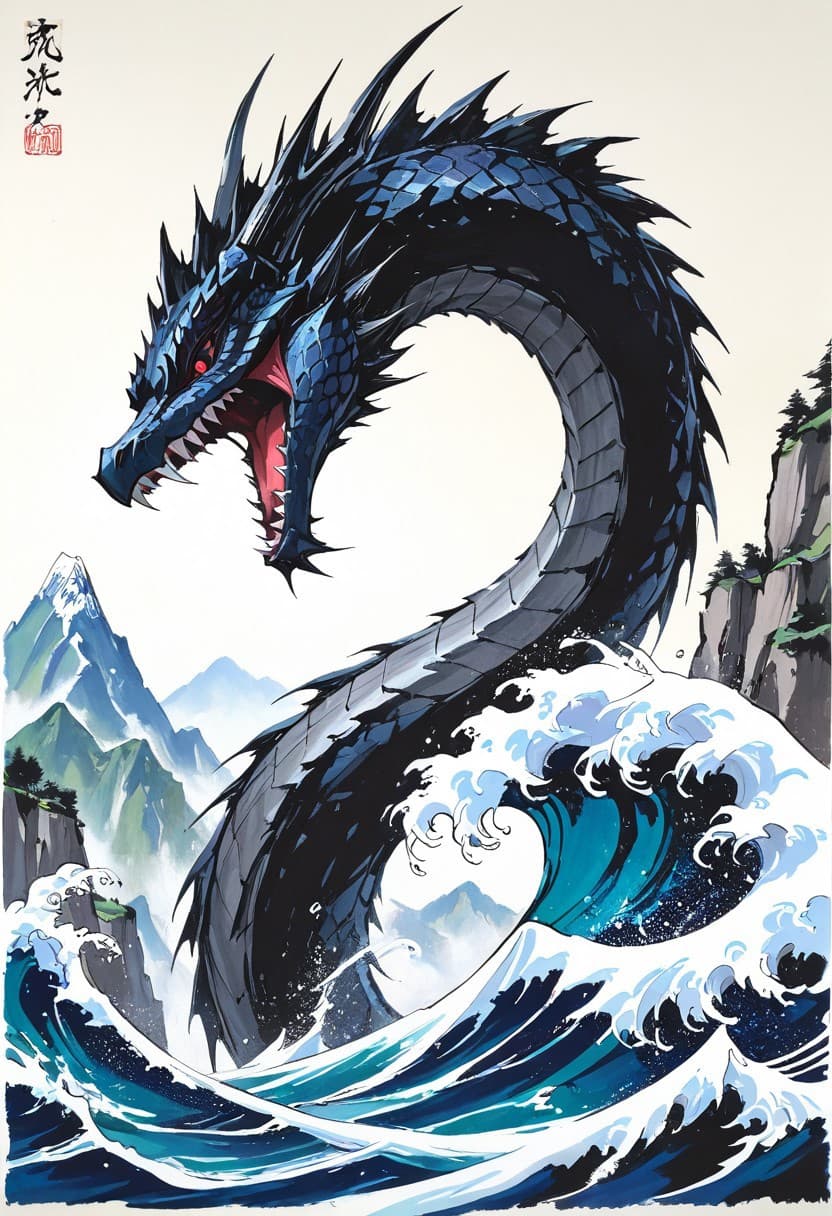 赤い目を持つ巨大な龍の怪獣を描いた水墨画風の迫力イラスト - Stable Diffusion AI生成画像