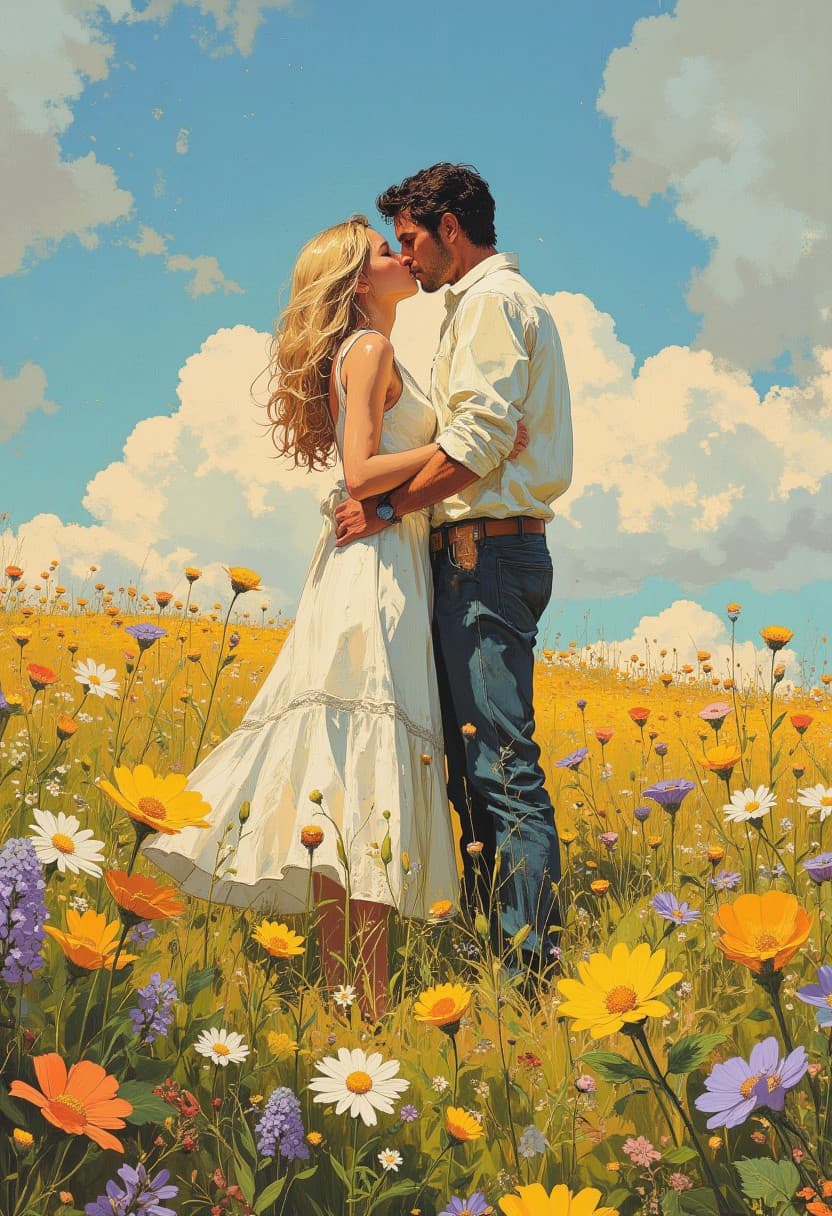 花畑で白いドレスの金髪女性がキスするシュールな油絵風景 - Stable Diffusion AI生成画像