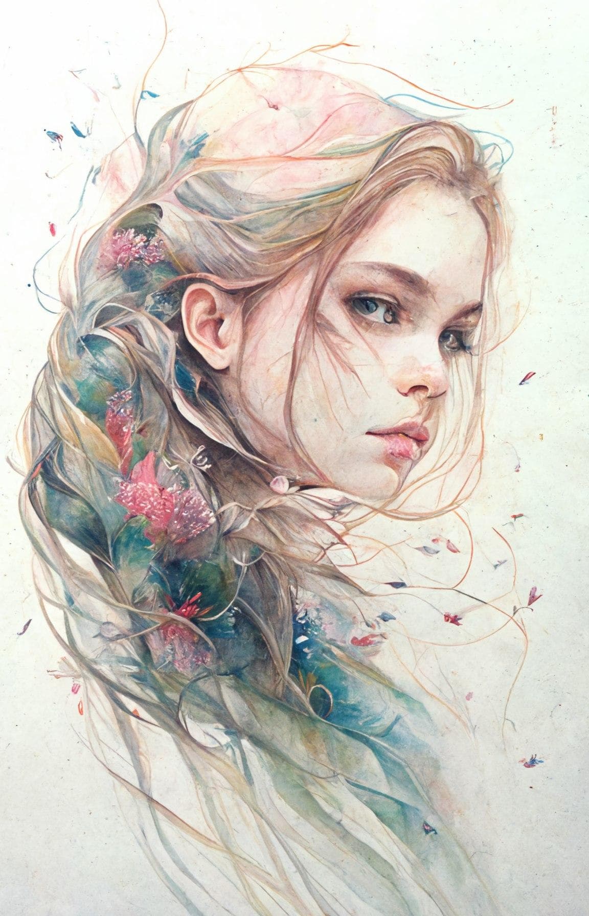 ピンクとグリーンの花髪を持つ少女の水彩画風Midjourney AI生成画像