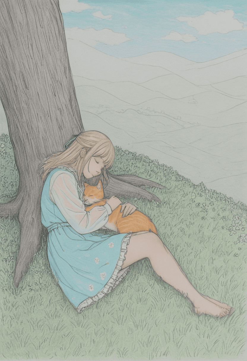 フリル付き水色ドレスと金髪アップの少女の白黒手描きスケッチ風 - Stable Diffusion AI生成画像