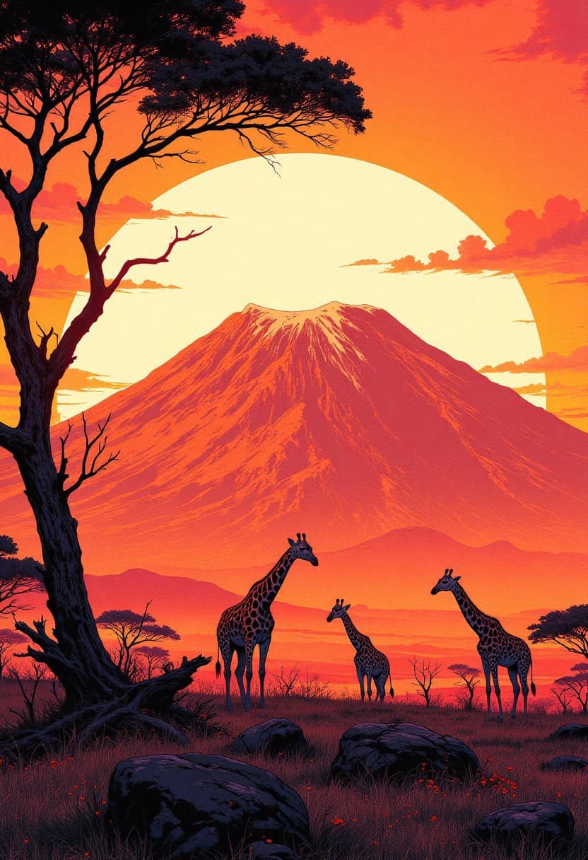 夕焼けのキリマンジャロを背景にキリンの群れが歩くインク画風景 - Stable Diffusion AI生成画像
