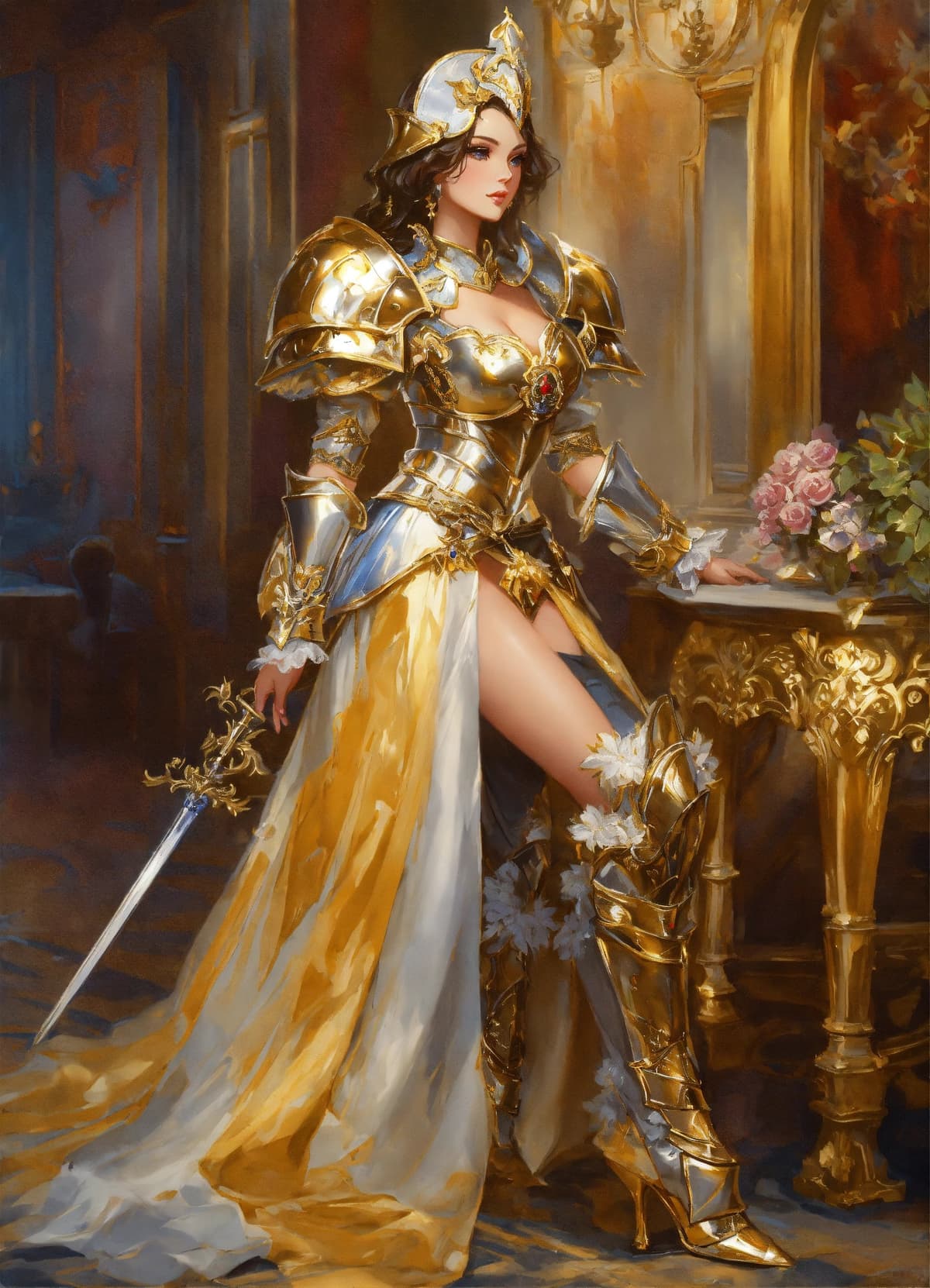 金銀の優雅な甲冑を身につけた女性騎士、古典的ファンタジーキャラクターStable Diffusion AI生成