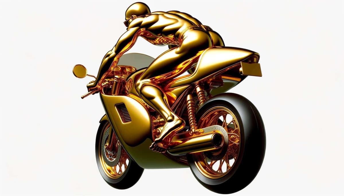 バイクで疾走するゴールドのアニメ女性像、後ろ姿。優雅な速度感 DALL-E 3 AI 生成画像