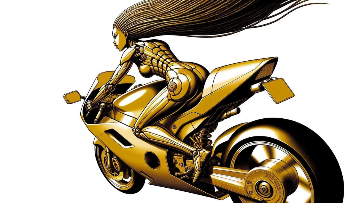 バイクで高速逃走するゴールドのアニメ女性像、流れる髪 DALL-E 3 AI 生成画像