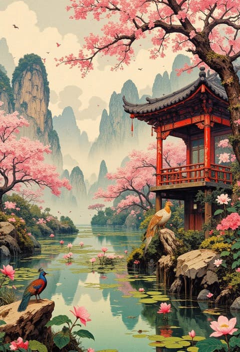 皇帝庭園の鳥園を描いた工筆画風の精密な中国絵画 - Stable Diffusion AI生成画像