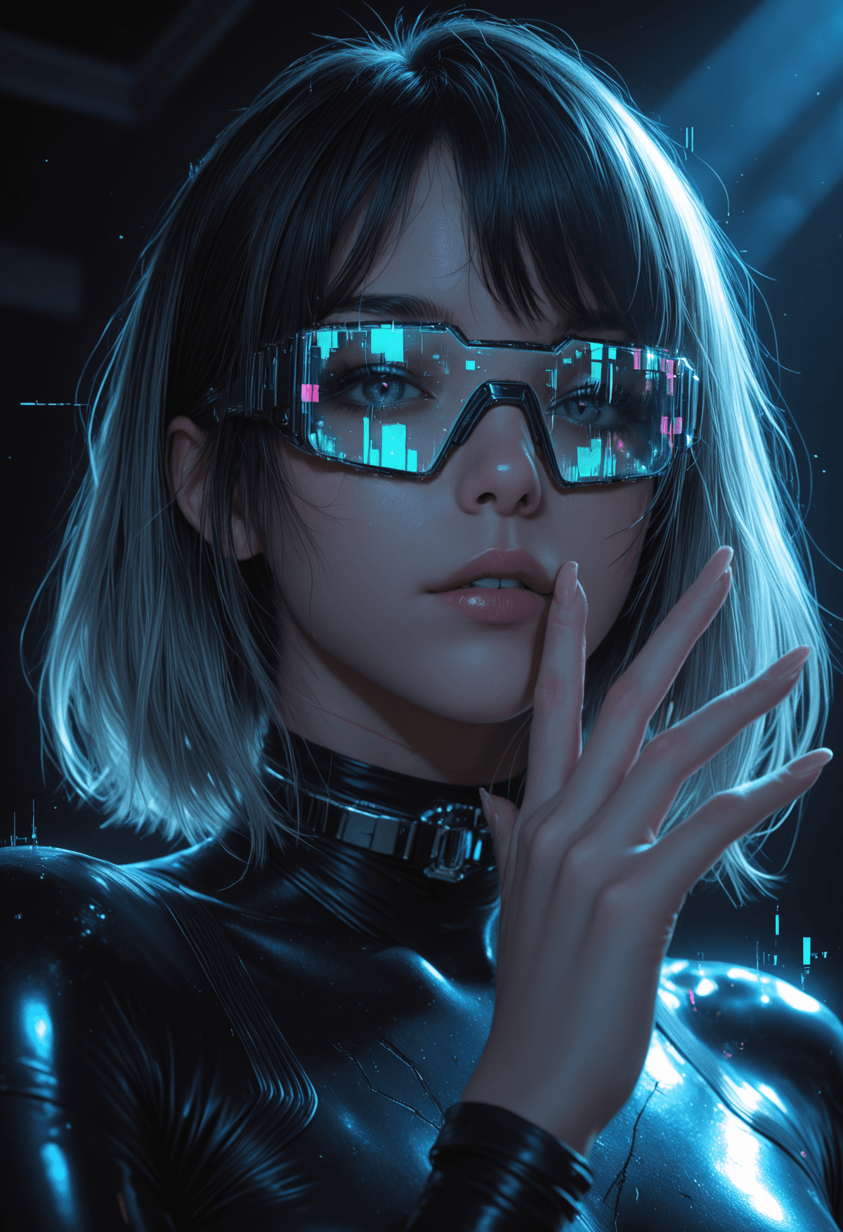 虹色ホログラフィックに輝くグリッチエフェクトの少女ポートレート - Stable Diffusion AI生成画像