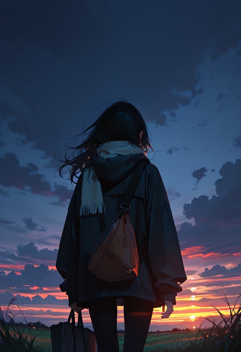 空を背景にフード付きジャケットを着た少女のアニメイラスト - Stable Diffusion AI生成画像